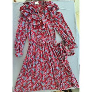 Vintage maxi dress sz L Floral Ruffle Winery Red Retro Fairy Cottage Preppy